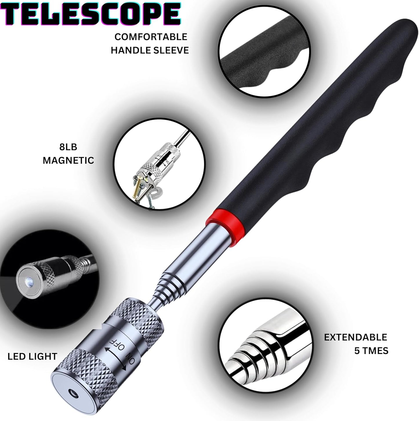 Telescoping Magnetic Pickup Tool – 8Lbs 31" Extendable Stick with LED Light