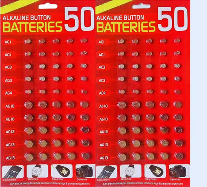 50 Assorted Alkaline Button Cell Batteries – AG1, AG3, AG4, AG10, AG12, AG13 & 377