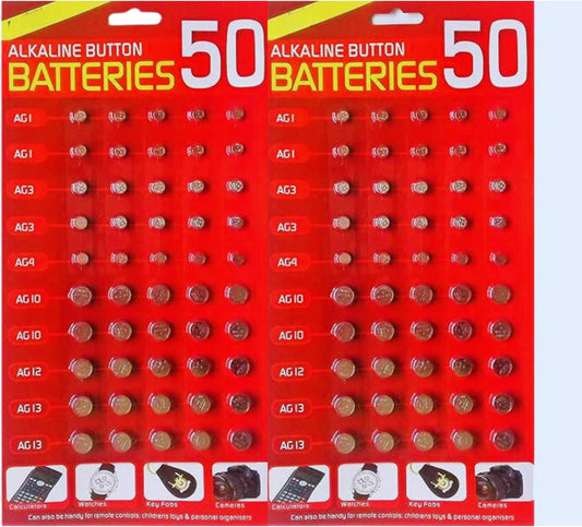 50 Assorted Alkaline Button Cell Batteries – AG1, AG3, AG4, AG10, AG12, AG13 & 377