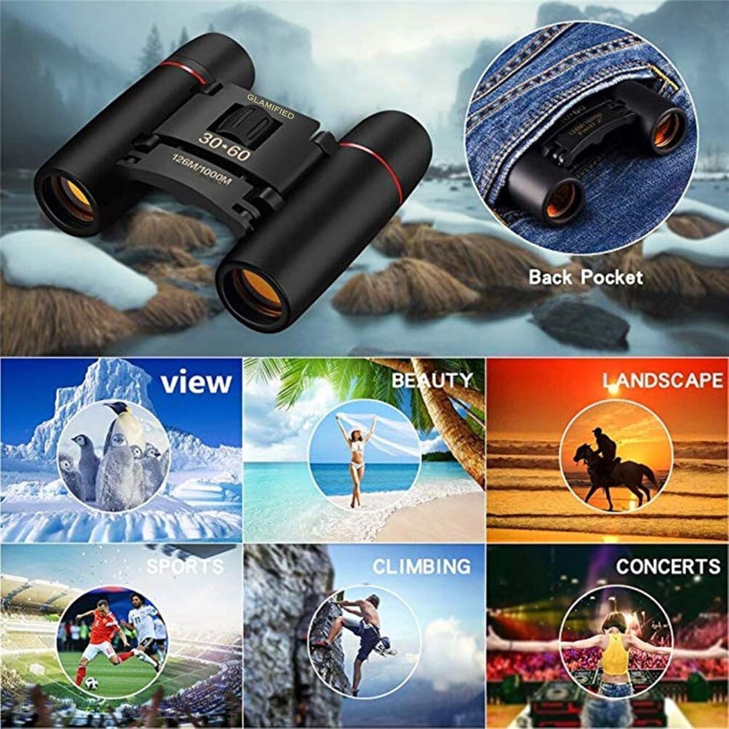 Mini 30x60 Compact Binoculars – Folding Waterproof Telescope for Travel & Outdoors